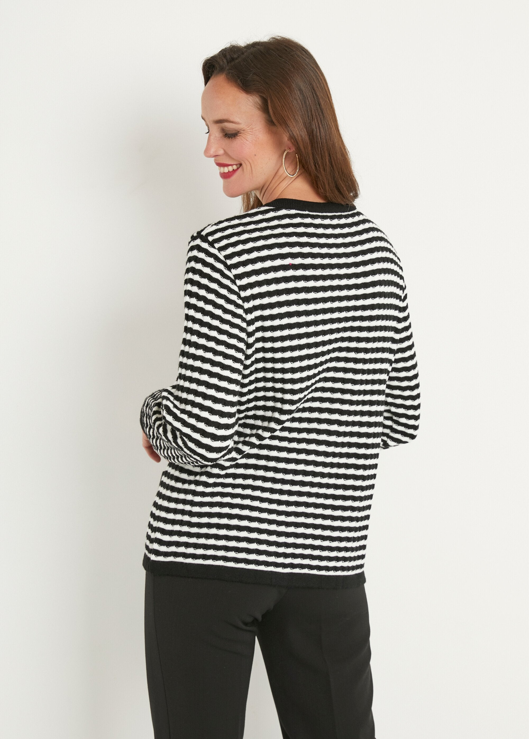 Striped_button-down_cardigan_with_round_collar_and_gold_buttons_Black_and_ecru_DO1_slim