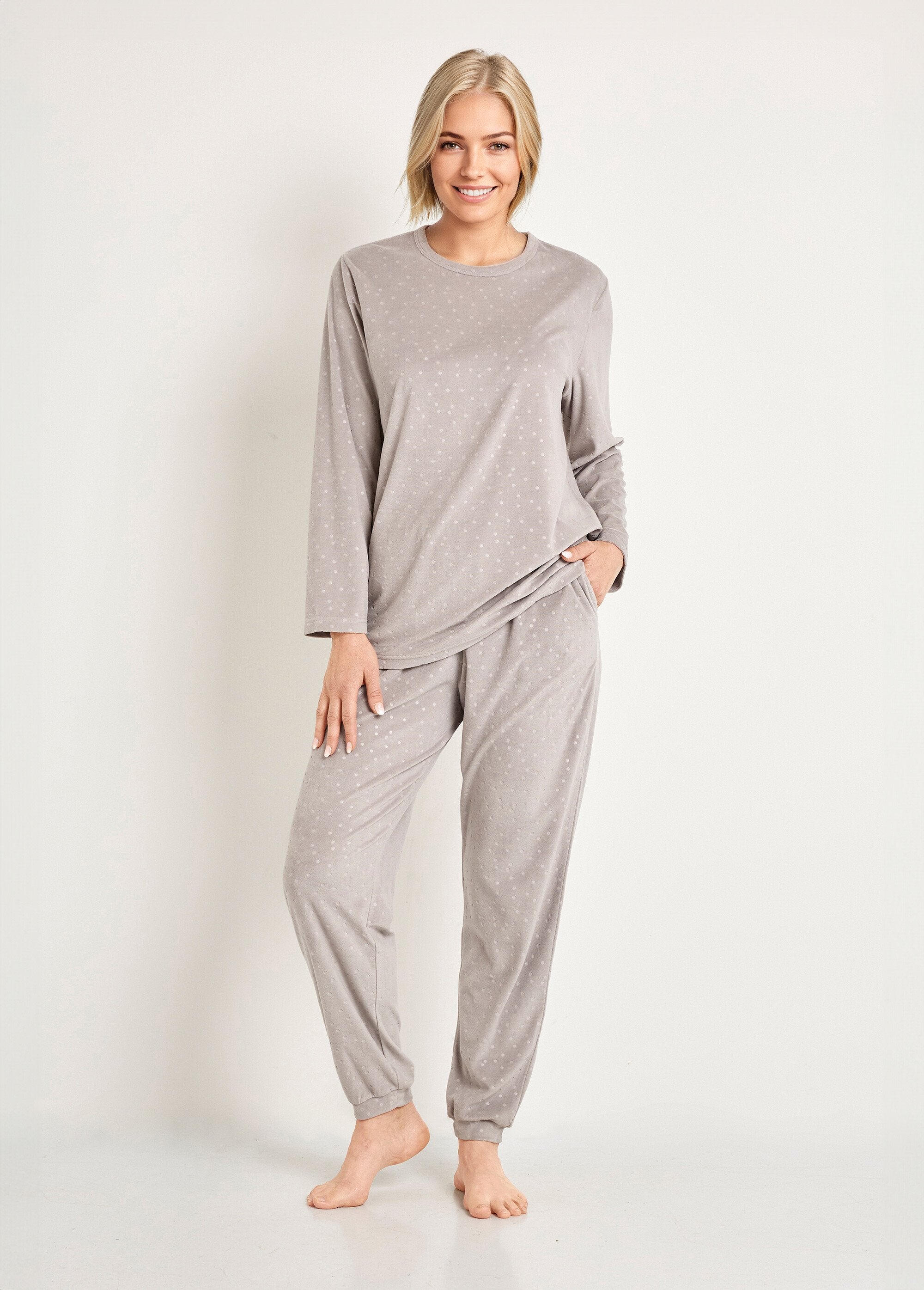 Pyjama_pants_round_neck_velvet_embossed_polka_dots_Gray_FA1_slim