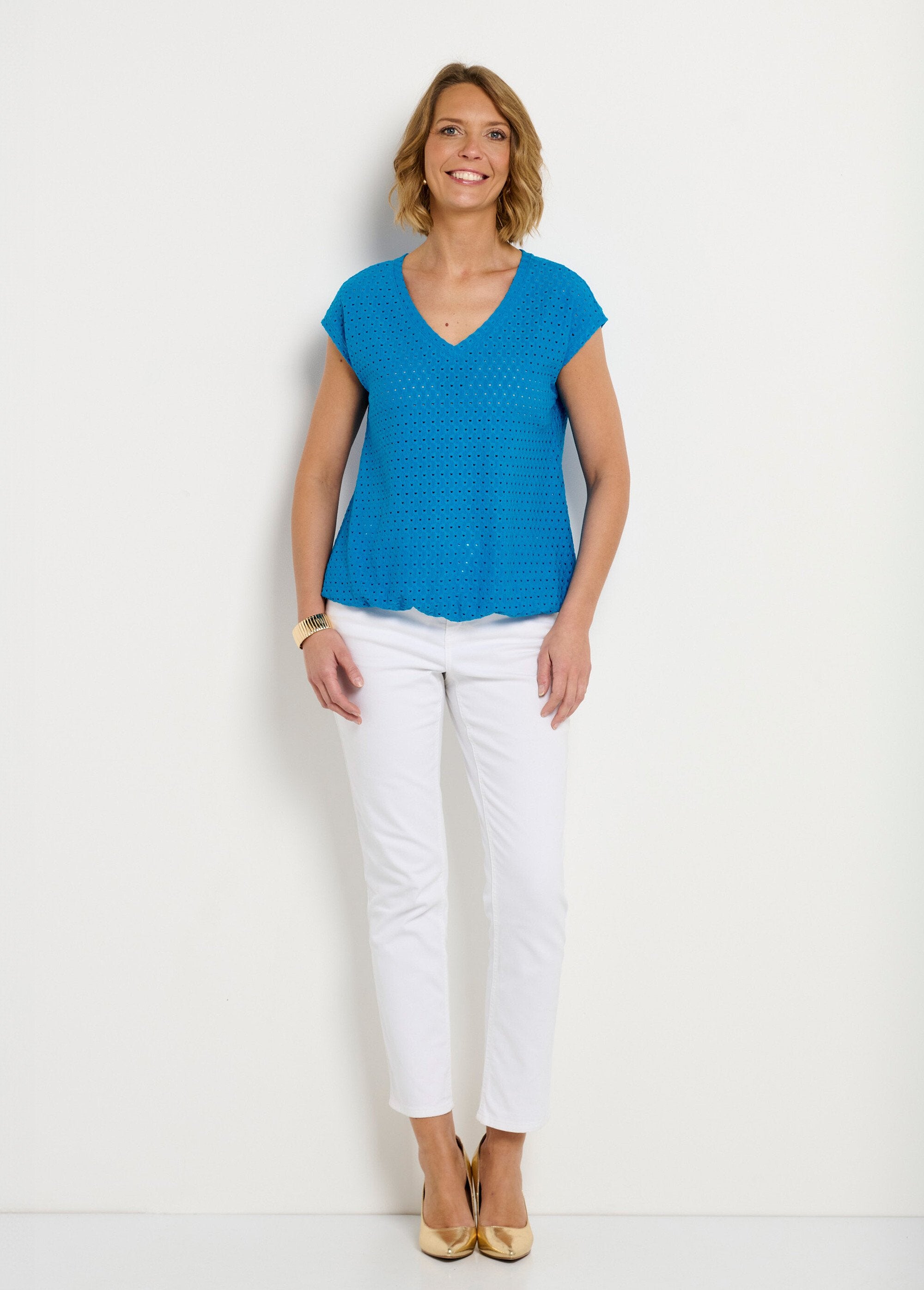 Loose_T-shirt_with_short_plain_V-neck_blouse_Turquoise_SF1_slim