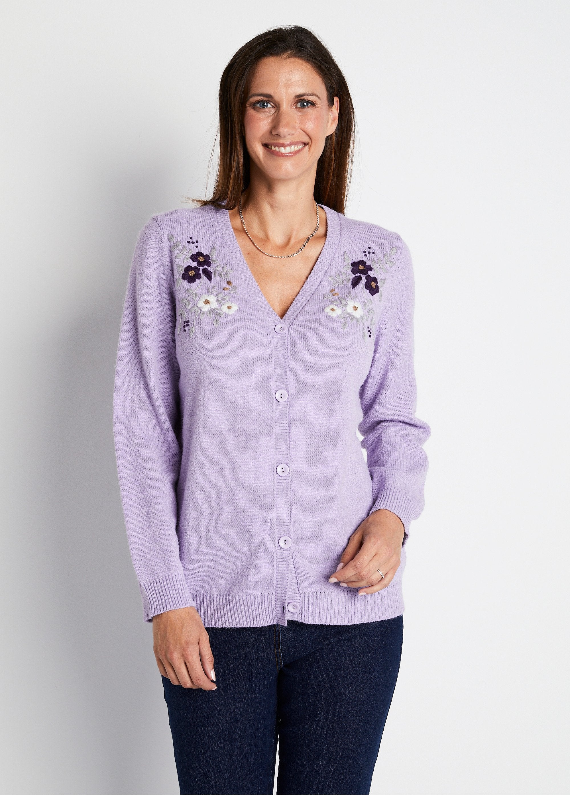 Soft_plain_V-neck_buttoned_short_embroidered_cardigan_Lilac_FA1_slim