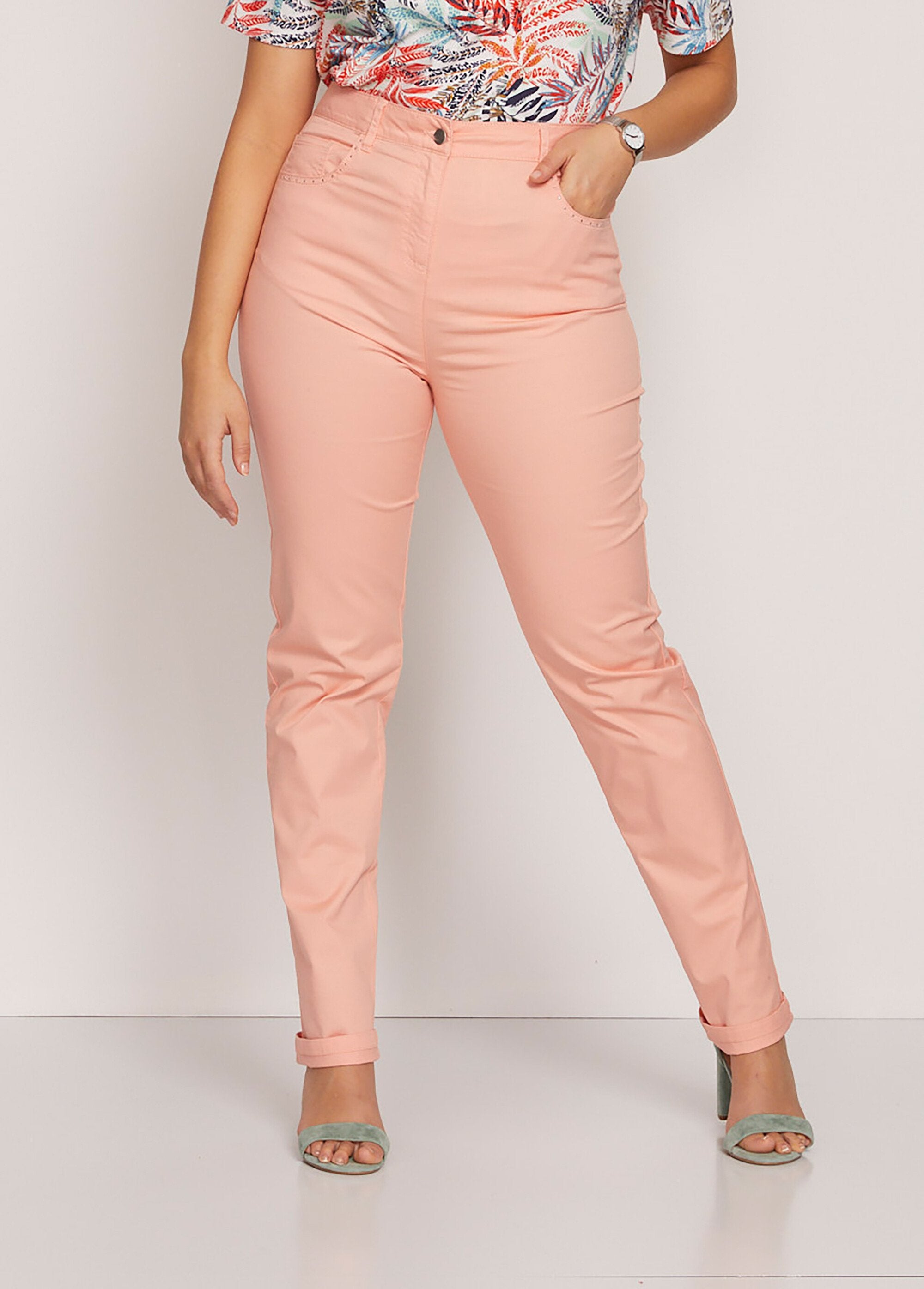 Pantalon_droit_5_poches_coton_stretch_Corail_peche_FA1_slim