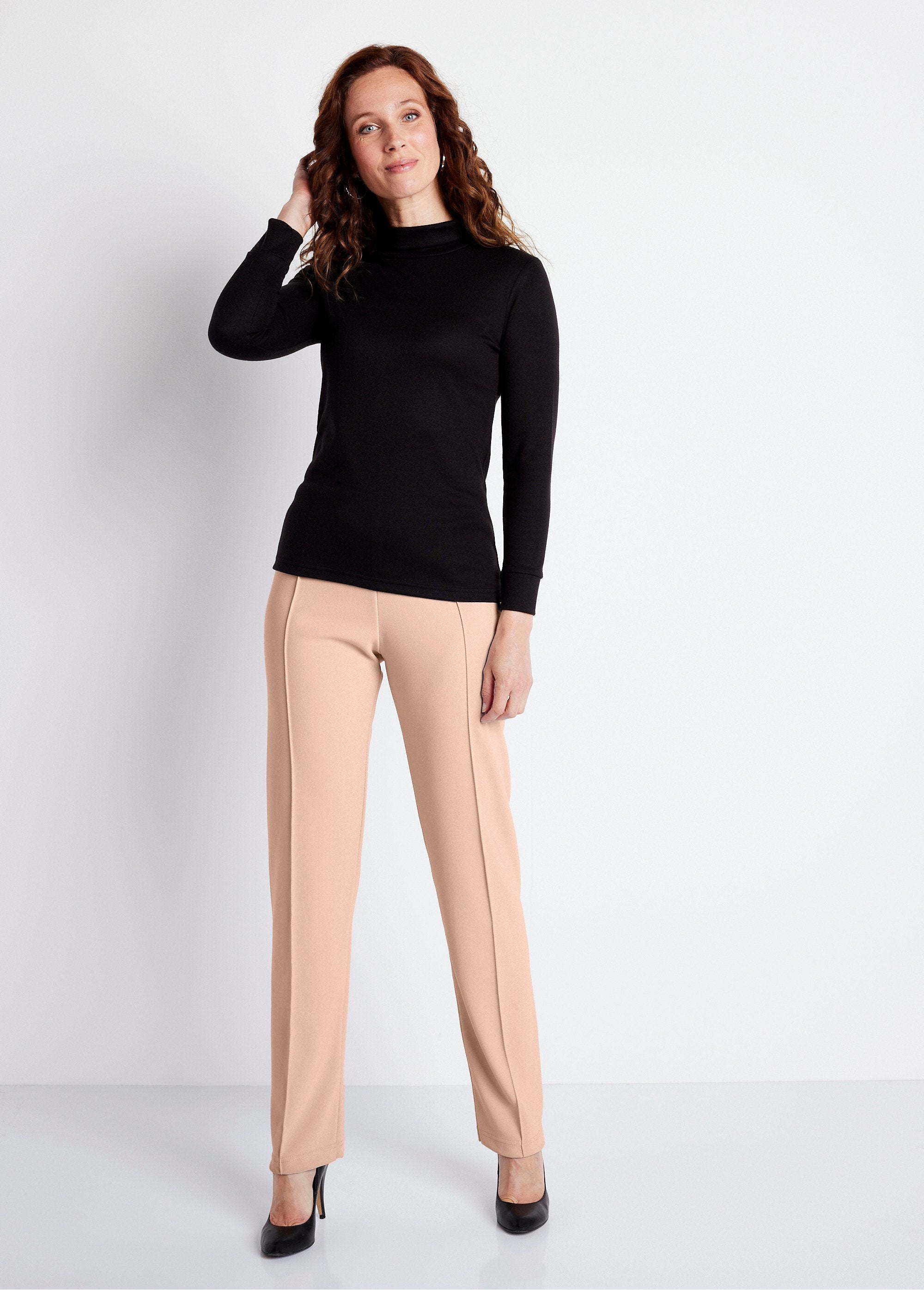 Straight_pants_with_elasticated_waist_and_ribbed_knit_Beige_SF1_slim