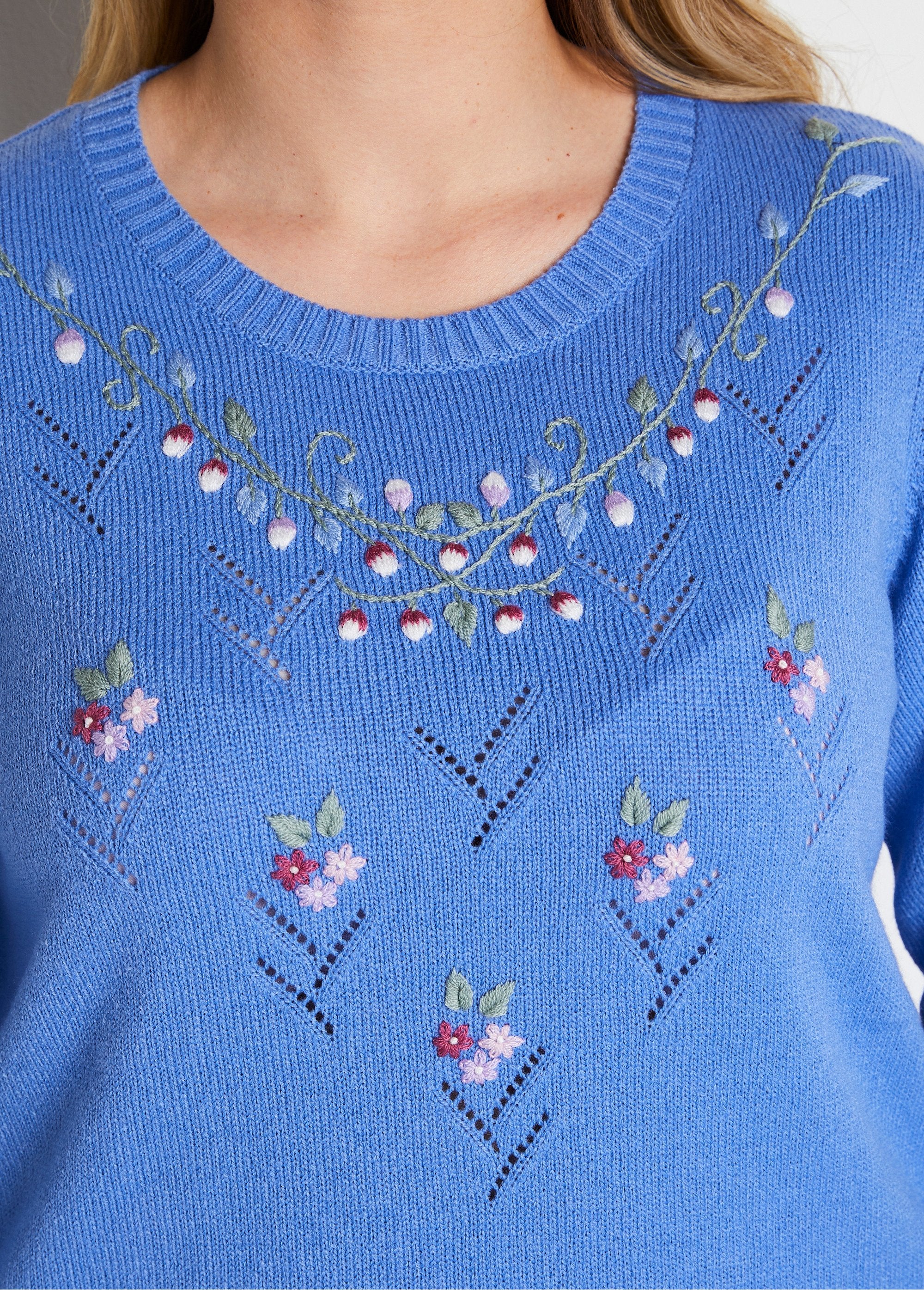 Soft_plain_embroidered_openwork_round_neck_sweater_Blue_DE2_curvy