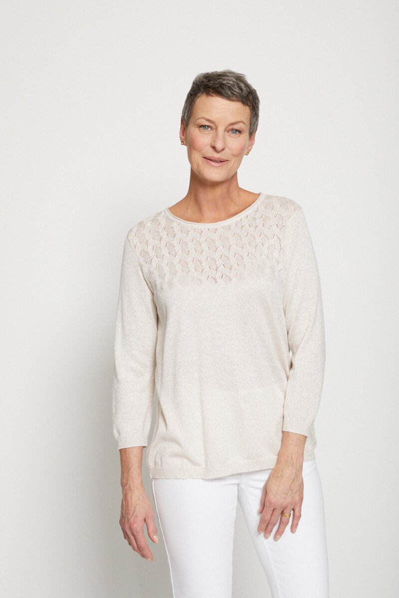 Pull_manches_3/4_maille_brillante_Beige_nacre_FA1_slim