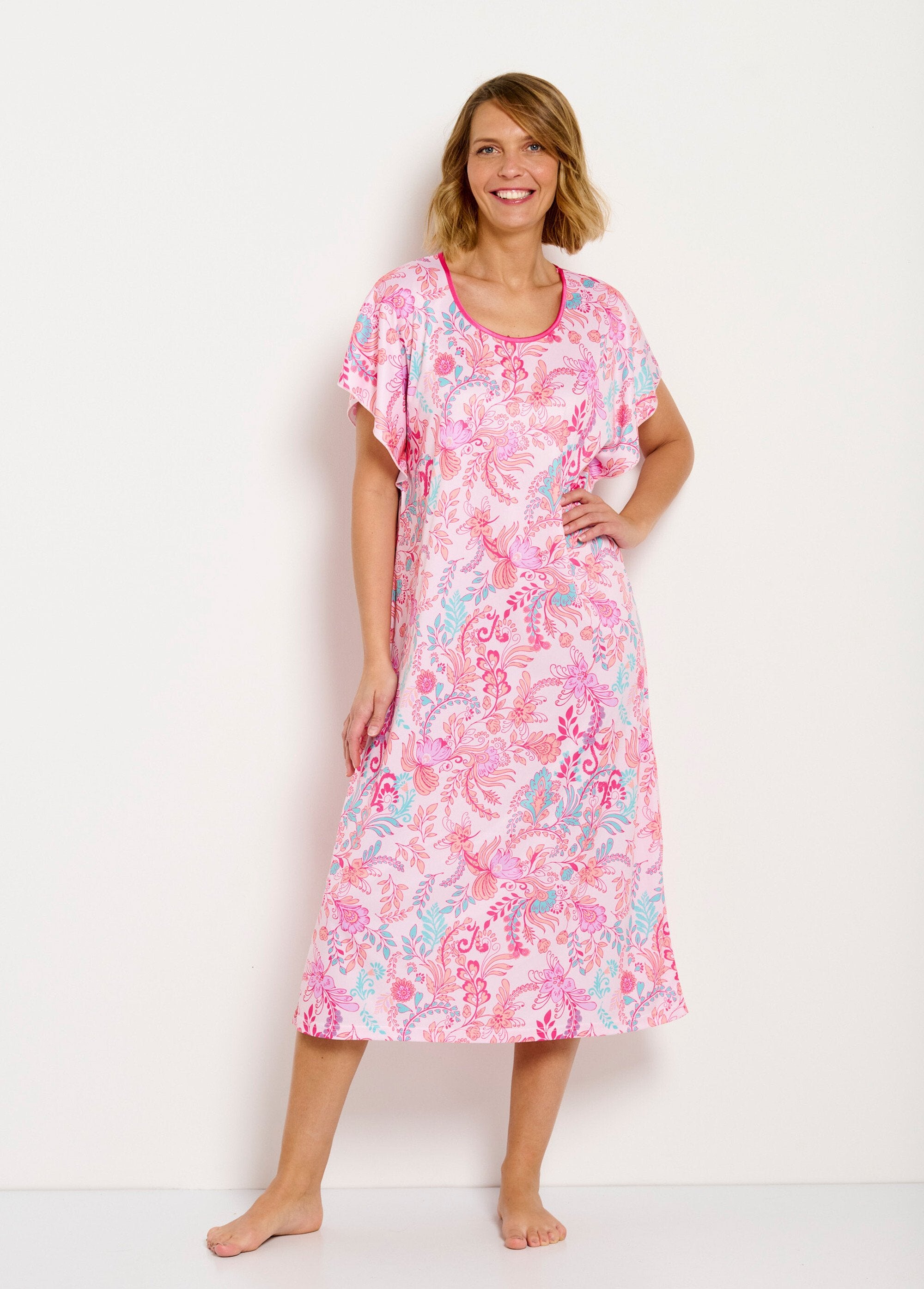 Long_satin_floral_print_hostess_dress_Pink_background_FA1_slim