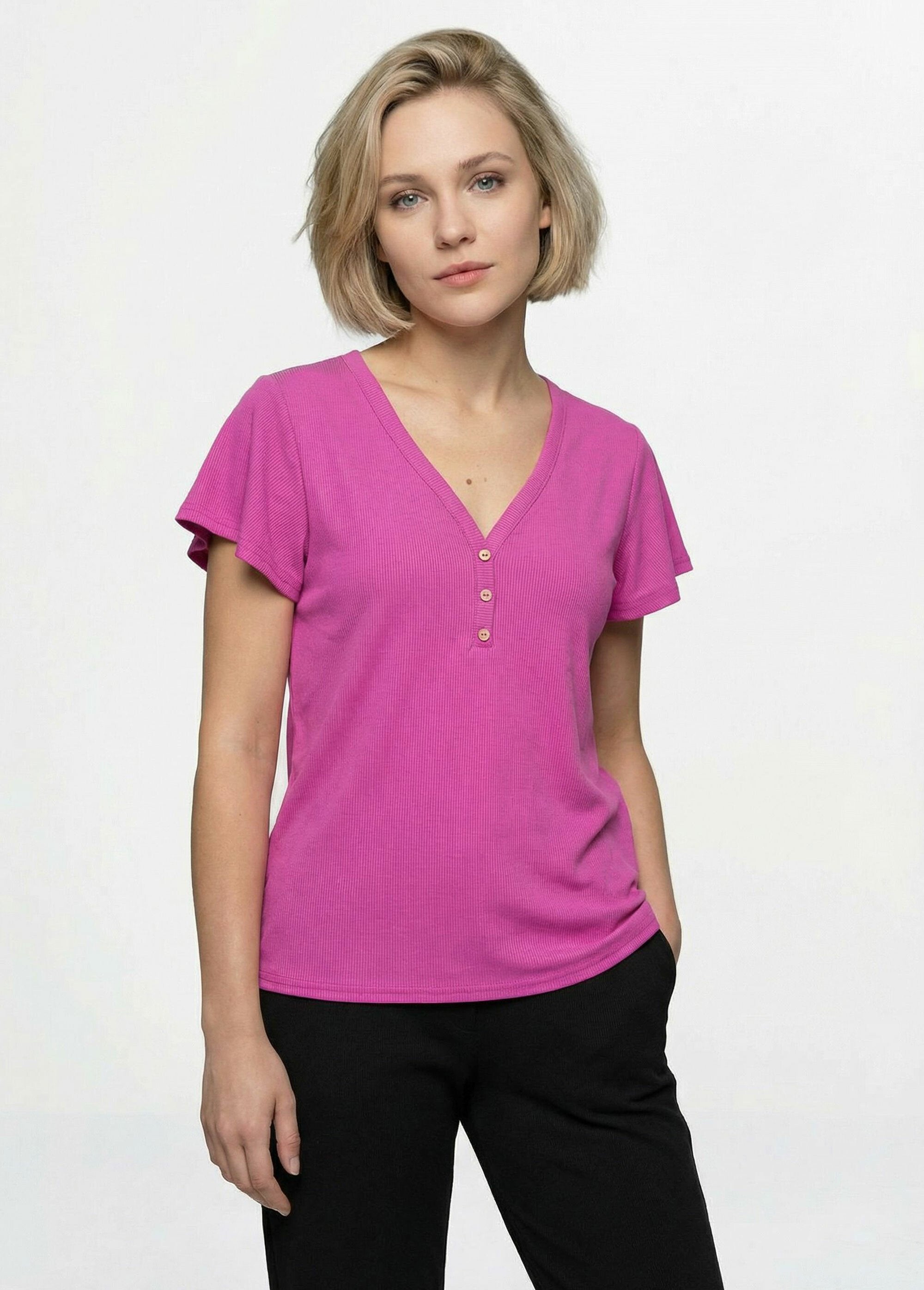 T-shirt_col_V_jersey_cotelé,_Essentiel_Fuchsia_FA1_slim
