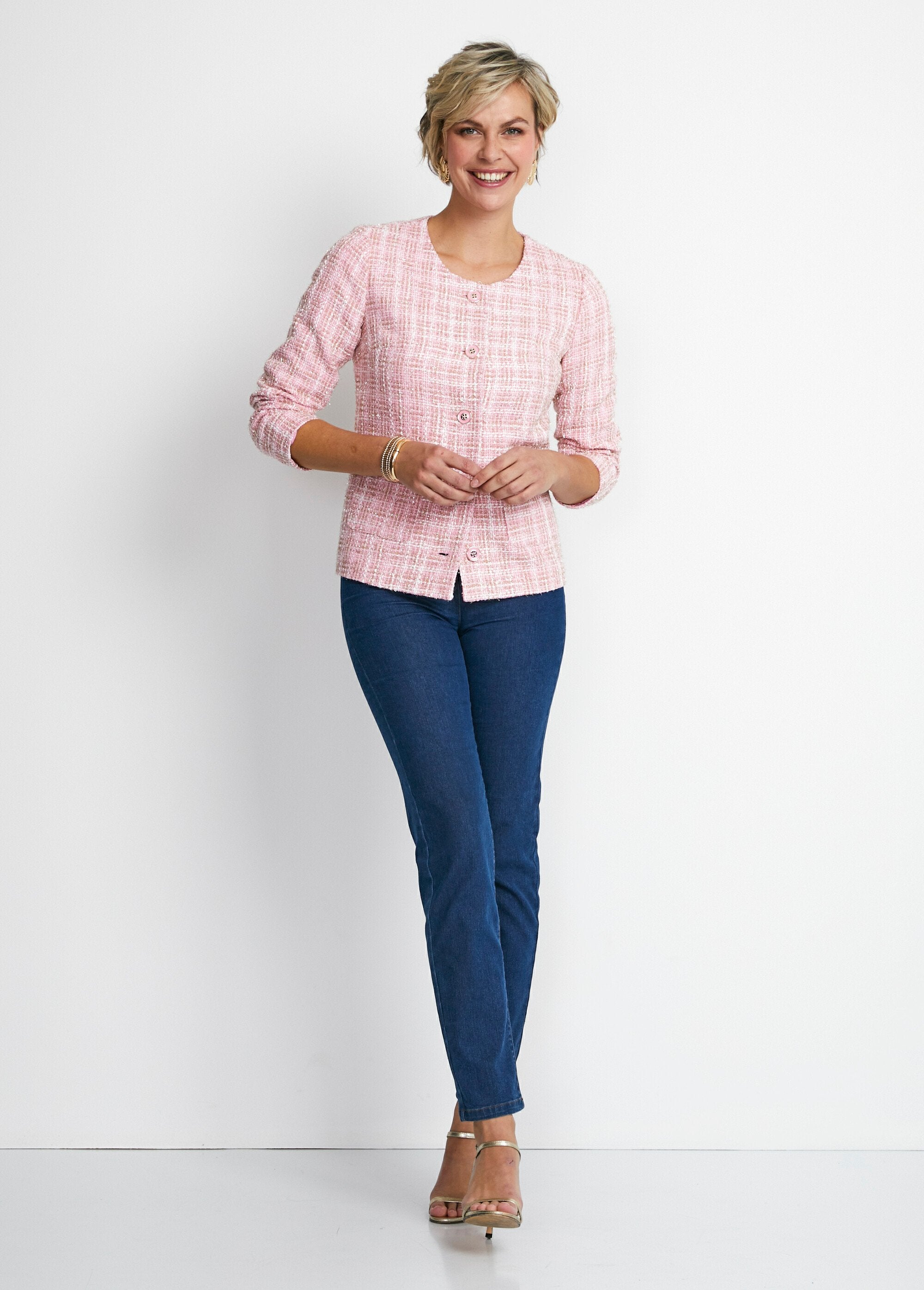 Collarless_short_jacket_in_tweed-effect_fabric_Pink_and_gold_SF1_slim